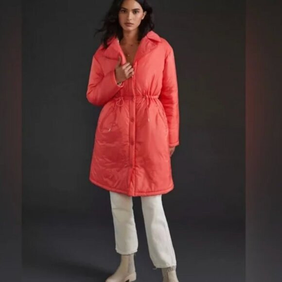 Anthropologie Maeve Coral/Pink Longline Cinched Puffer Jacket Coat Size Small - Picture 1 of 12